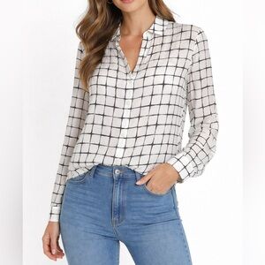 L’agence Silk Grid Print Blouse White& Black Button Front Elegant Top XS